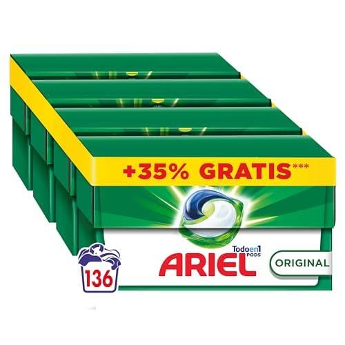 ARIEL PODS Todo en 1 Detergente Lavadora Liquido en Capsulas/Pastillas, 136 Lavados (4×34), Original, Jabon 5 Acciones para una Limpieza Brillante en Frio