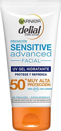 71% DESCUENTO Garnier Delial Sensitive Advanced, Protector Solar Facial UV Gel Hidratante IP50 plus, 50 ml (Paquete de 1)