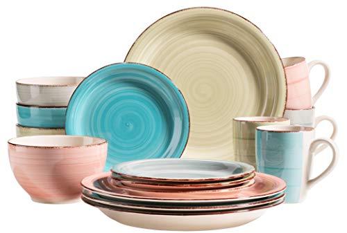 DESCUENTAZO 50% DESCUENTO MÄSER 931604 Bel Tempo II Vajilla para 4 personas (16 piezas, cerámica pintada a mano, gres, verde/rosa/turquesa/azul ahumado)