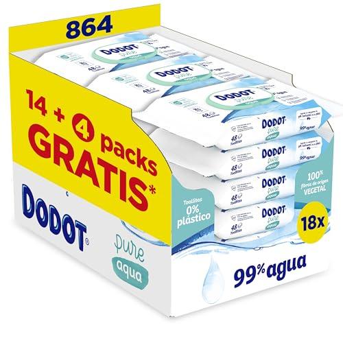 40% DESCUENTO Dodot Toallitas Pure Aqua para Bebé, 99% Agua, 100% Fibras de Origen Vegetal, 864 Toallitas, 18 Paquetes (18 X 48)