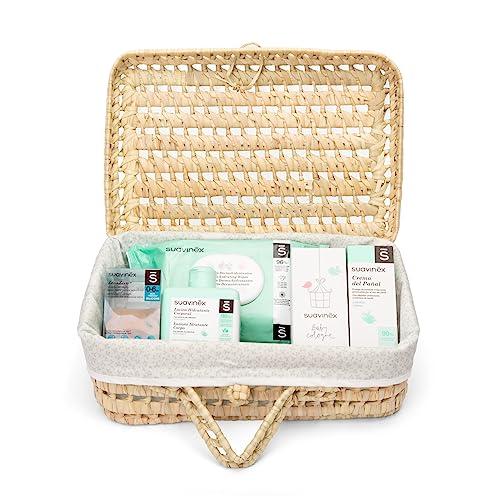 25% DESCUENTO Suavinex, Regalo Bebé Recien Nacido, Canastilla Bebé con Maleta de Mimbre, Incluye: Chupete Zero Zero 0/6 Meses + Baby Cologne 100 ml + Crema del Pañal 75 ml + Toallitas + Loción Hidratante 300 ml