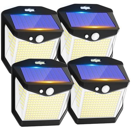 Luz Solar LED Exterior Jardin: 248 LED Luces Solares Sensor de Movimiento 270° Foco Solar Exteriores Lampara IP65 Impermeable Aplique Solar Potente para con Iluminacion Terraza Outdoor Light 4 Paquete