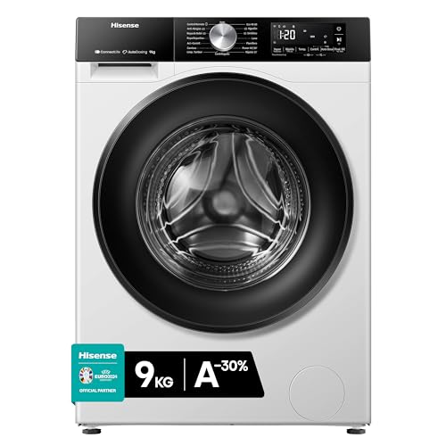 Hisense WF3S9045BW3 Lavadora con Vapor, Clase A, 9kg, Auto Dosificación, Conectividad WiFi, Función Vapor 99,9%, Lavado Auto Wash, Lavado Rápido 15′, Blanco