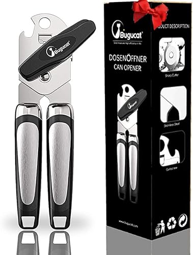 Bugucat Abrelatas 3 en 1,Abrelatas Manual Profesional de Acero Inoxidable Borde Liso,Can Opener Abridor de Latas Abrebotellas con Mango Antideslizante y Perilla de Torneado Ergonómica(Negro)