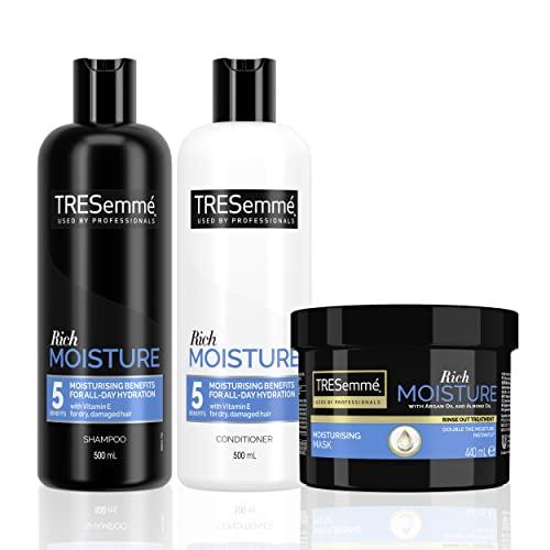 TRESemmé Pack Intensa Hidratación para pelo seco o dañado con Vitamina E, nutre y fortalece, Champú 500ml, Acondicionador 500ml y Mascarilla 440ml, Blanco/ Negro