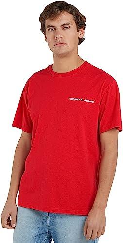 70% DESCUENTO Tommy Jeans Men Short Sleeve T Shirt Linear Chest Crew Neck, Red (Deep Crimson), XS