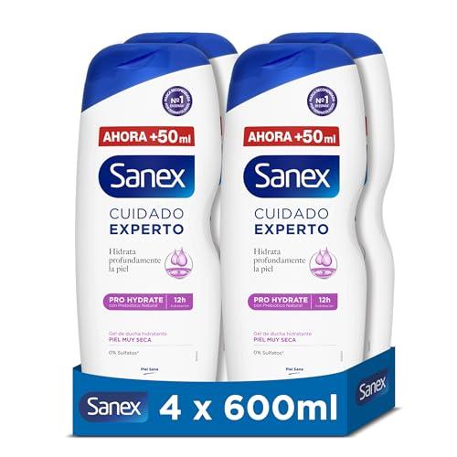 21% DESCUENTO Sanex Cuidado Experto Pro Hydrate Gel de Ducha, Pack 4 Uds x 600ml, Fórmula con Prebiótico Natural, Hidrata Profundamente la Piel, 12H Hidratación, 0% Sulfatos, para Piel Muy Seca