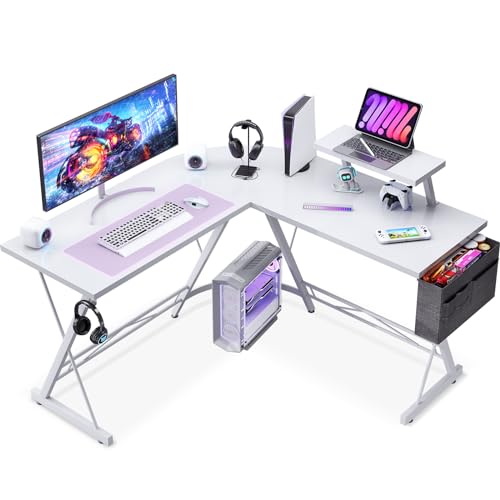 ODK Mesa Gaming con Soporte para Monitor, Escritorio Gaming con Bolsa de Almacenamiento, Escritorio en Forma de L para Gaming Blanco Puro, 127 x 127 cm
