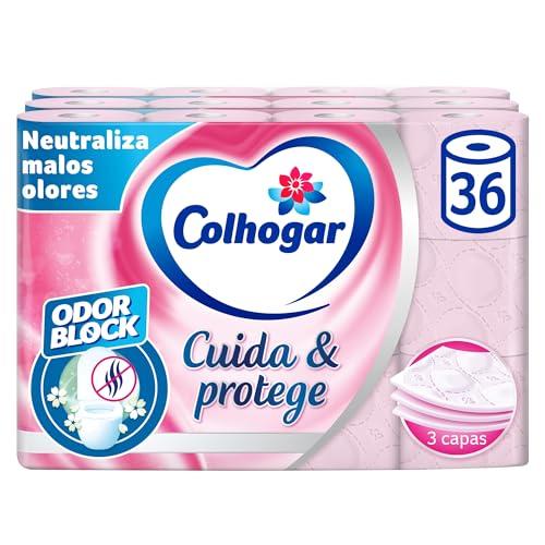 Colhogar, Cuida&Protege 3 x 12, Papel Higiénico con tecnología Odor Block, neutraliza malos olores, Paquete con 36 Rollos, 3 Capas, rollos color rosa y con una fragancia fresca