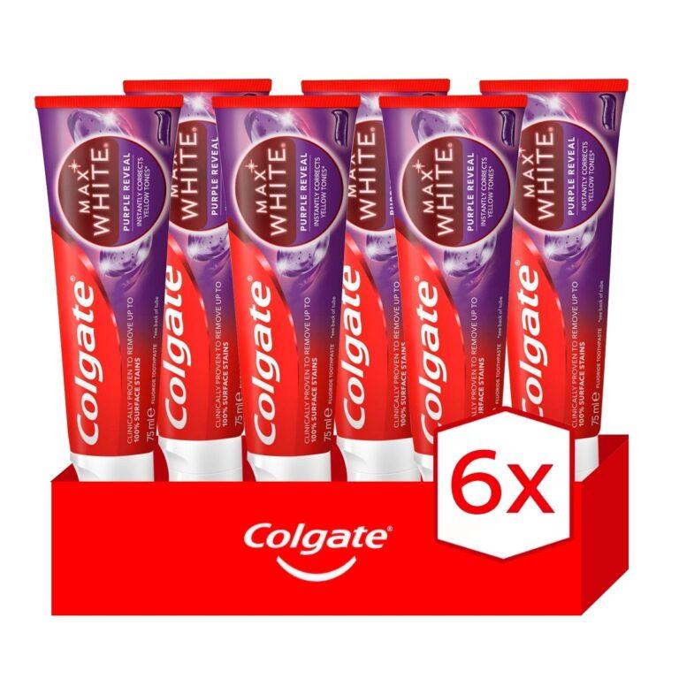 Pasta de dientes blanqueadora Colgate Max White Purple Reveal, dientes blancos 75ml. Pack de 6 | Miravia