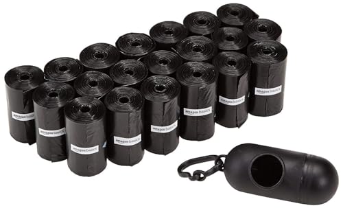 Amazon Basics Bolsas para excrementos de perro con dispensador y clip para correa, Sin fragancia, 300 Unidad, 15 Paquetes de 20