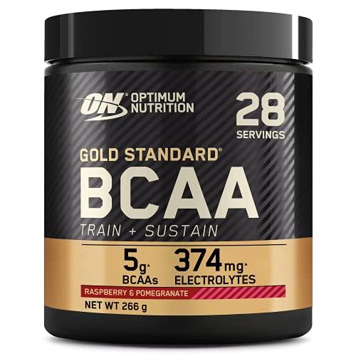 Optimum Nutrition Gold Standard BCAA Train + Sustain, Aminoácidos Polvo Pre Entrenamiento, Bebida Deportiva con Vitamina C, Zinc, Magnesio y Electrolitos, Sabor Frambuesa y Granada, 28 Por.
