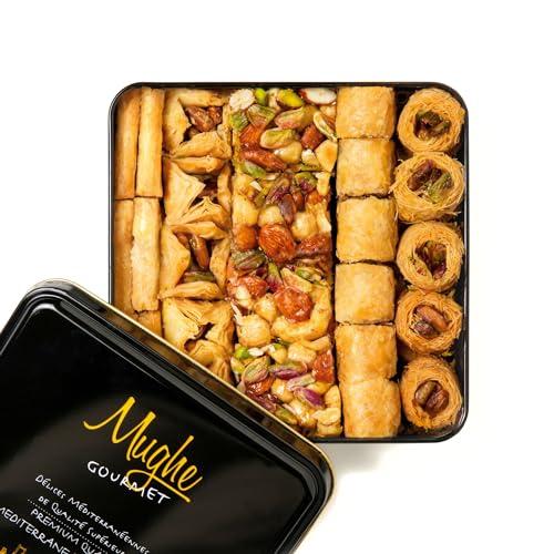 Mughe Gourmet Caja de regalo de postres de baklava de lujo Dulces frescos de pistacho turco Baklawa 750g doble capa Regalos de pasteles para hombres y mujeres, Navidad, cumpleaños