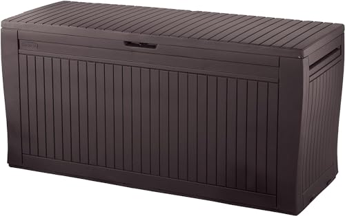 Keter Comfy Arcón exterior, Baúl almacenaje, Capacidad 270L, Resina, Color marrón, Ordenación jardín y terraza, 44.7 x 116.7 x 57 cm