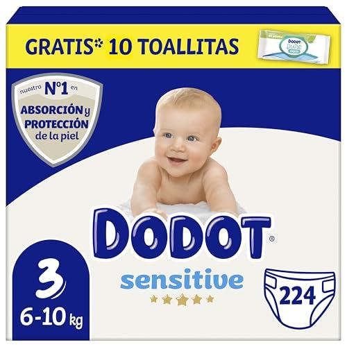 Dodot Pañales Bebé Sensitive, Talla 3 (6 10 kg), 224 Pañales + 1 Pack de 10 Toallitas Gratis de Aqua Plastic Free, Nº1 en Protección de la Piel deDodot, Pack Mensual