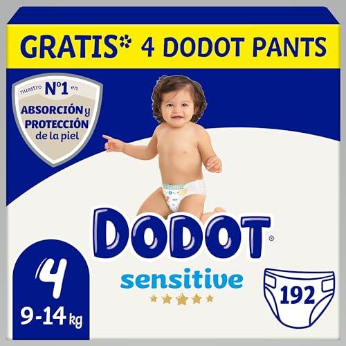 Dodot Pañales Bebé Sensitive, Talla 4 (9 14 kg), 192 Pañales + 4 Pants Gratis, Nº1 en Proteccion de la Piel de Dodot, Pack Mensual