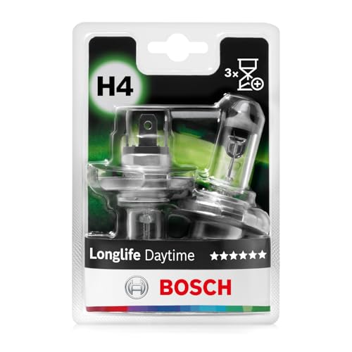 Bosch H4 (472) Longlife Daytime, Lámparas Halógenas para Faros Delanteros, 12 V 60/55 W, Duraderas Casquillo Tipo P43t Recambio de Luces para Coche, Paquete de 2 Lámparas