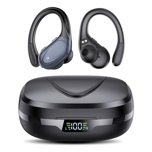 69% DESCUENTO Auriculares Inalambricos, Auriculares Bluetooth 5.3 Deportivos con Gancho de la Oreja, 60H de Reproducción, Pantalla LED, Llamada ENC HD, Profundamente Bajo, Ajuste Cómodo, IPX7 Impermeable(Negro).