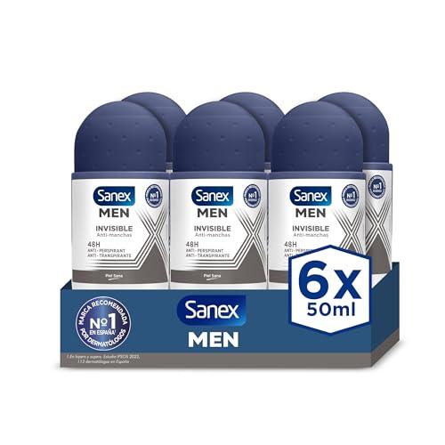 28% DESCUENTO Sanex Men Dermo Invisible Desodorante Roll On para Hombre, Protección 24H, Antitranspirante, Anti Irritación, 0% Alcohol, Combate el Mal Olor, Anti Manchas Blancas, Pack 6 Uds x 50ml