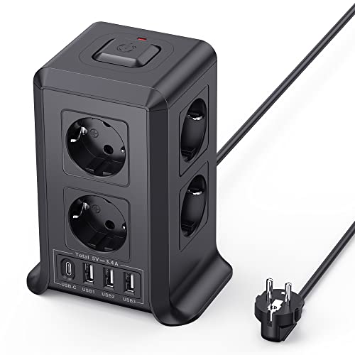 38% DESCUENTO Torre Regletas Enchufes, Regleta USB 8 Tomas de AC y 4 USB Enchufe Multiple, 2500W/10A,Regleta Enchufes Proteccion Sobretension, 2M Regreltas Vertical con Interruptor para Mesa, Oficia, Casa, Negro