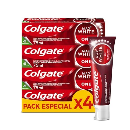 34% DESCUENTO Colgate Max White One Pasta de Dientes Blanqueadora, Pack 4 Uds x 75ml, Dentífrico Blanqueador, Dientes 1 Tono Más Blancos en 1 Semana, Elimina Manchas Superficiales