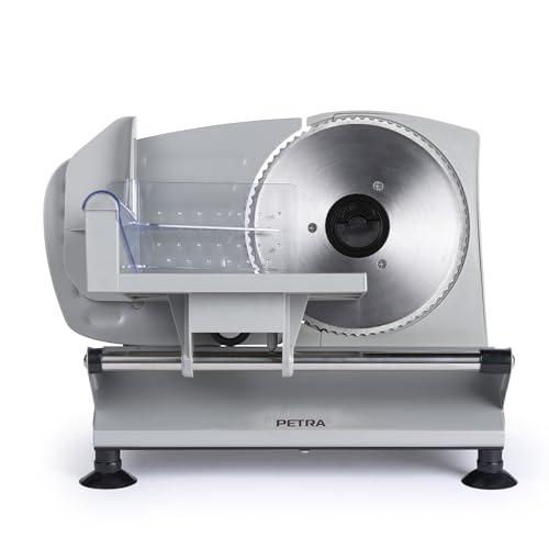 Petra PT4636VDE Rebanador de alimentos eléctrico Cortador para carne, jamon, queso, grosor de corte ajustable 1 15mm, cuchillas lisas y de sierra, acero inoxidable, 3 x 170mm, patas antideslizantes