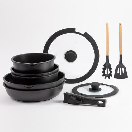 BERGNER CLICK&COOK Set Jumbo 10 PZS Batería de Cocina Negro Easy Click Sartenes y Cazos con Revestimiento Antiadherente Negro Incluye Tapa y Utensilios Mango Desmontable Apto Todas Cocinas