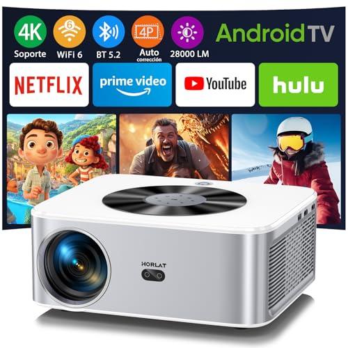 28% DESCUENTO Proyector【Android TV】 Horlat 4K Soporte Projector 6G WiFi Bluetooth,28000 Lúmenes 300» Display Videoproyector, con una Aplicación Incorporada Netflix/Youtube/Prime Video