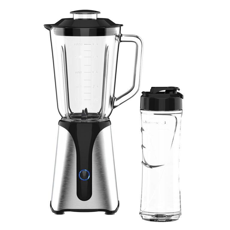 Batidora de vaso Jocca con jarra de cristal de 1L y botella de viaje de 600ml con 4 cuchillas de acero inoxidable y tapa extraíble con apertura. Licuadora eléctrica desmontable para fácil limpieza. Exprimidor de frutas libre de BPA | Miravia
