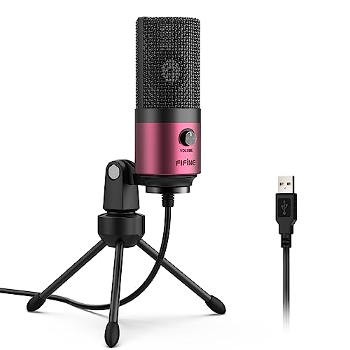 FIFINE Estudio Micrófono de Condensador de USB, Microfono Plug & Play para ordenador de Escritorio Rojo