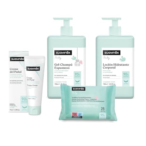 47% DESCUENTO Suavinex, Pack Cosmética Gran Formato. Incluye: Gel Champú Espumoso 750 ml + Loción Hidratante 750 ml + Crema Pañal 75 ml + Pack Toallitas 25 uds. Pack Bebé Recién Nacido, 4 productos