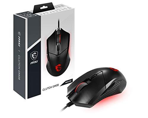 37% DESCUENTO MSI Clutch GM08 Ratón para Videojuegos (USB simétrico, LED Rojo, Sensor óptico Paw 3519, conmutador de hasta 10 ml de Clic, Sistema de Pesas modificables), Negro
