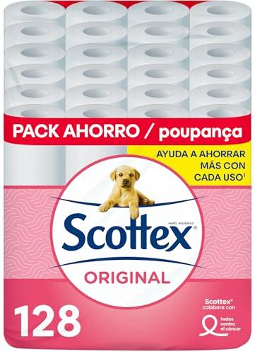 Scottex Original Papel higiénico, 128 rollos, 4 packs de 32 rollos dos capas que proporcionan el equilibro adecuado en suavidad y resistencia