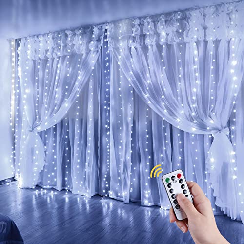 Anpro Cortina Luces, 3 x 3M con Control Remoto 8 Modos de USB Cortina de Luces Exterior Interior, 300 LED Cortina LED Decoración para Navidad Jardín Habitación Cortina Blanca Fría
