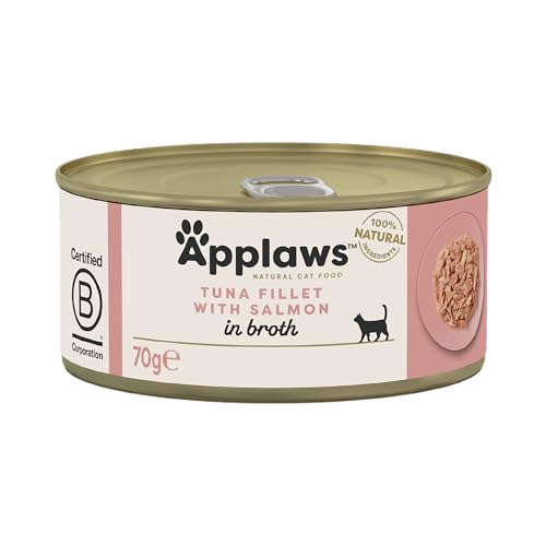 Applaws 100% Natural Comida Húmeda para Gatos Adultos con Filete de Atún y Salmón en Caldo, 24 latas de 70g