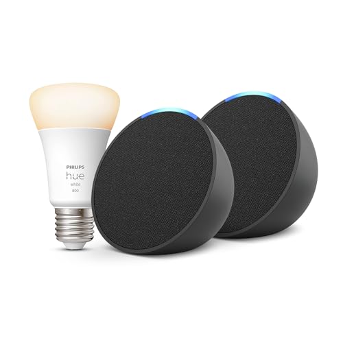66% DESCUENTO Echo Pop | Antracita, pack de 2 + Philips Hue White Bombilla Inteligente (E27), compatible con Alexa Kit de inicio de Hogar digital