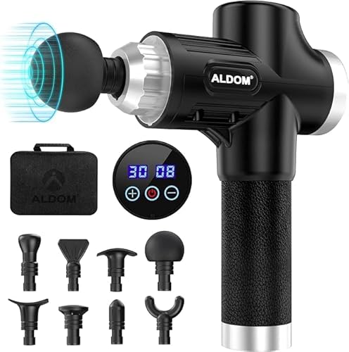 33% DESCUENTO ALDOM Pistola de Masaje Muscular, Pistola Masaje Massage Gun Pistola Masajeadora Muscular Profesional y Carga Tipo C, 30 Niveles Ajustables, Silenciosos, 8 Cabezales Masajeador Muscular (Negro Plata)