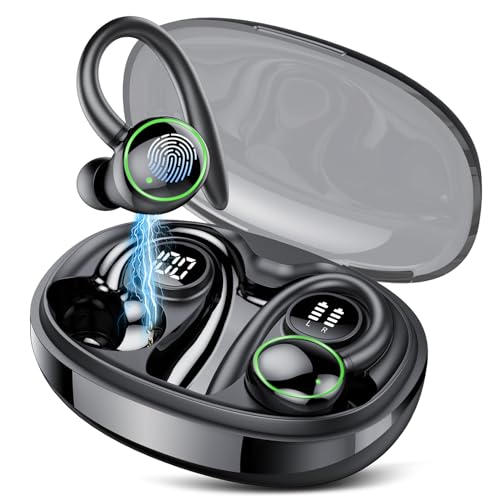 73% DESCUENTO Auriculares Inalámbricos Deportivos, Auriculares Bluetooth 5.3 con 4 HD Mic, HiFi Estéreo Cascos Inalambricos, Auriculares Running con Gancho, 48H/LED Reducción de Ruido Cascos, IP7 Impermeable, Negro