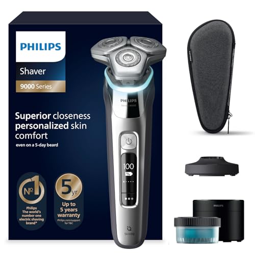 DESCUENTAZO 61% DESCUENTO Philips Shaver S9000, afeitadora eléctrica Wet & Dry, tecnología Levanta y Corta con SkinIQ, cortapatillas desplegable, Cleaning Pod, soporte de carga, estuche de viaje, plateado cromado, S9975/54