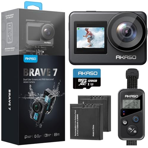 20% DESCUENTO AKASO Brave 7 Cámara Deportiva 4K con Tarjeta de Memoria microSDXC de 128GB Cámara de Acción 20MP WiFi Camara Acuatica Sumergible Doble Pantalla EIS Control Remoto Control de Voz 2x1350mAh Baterías