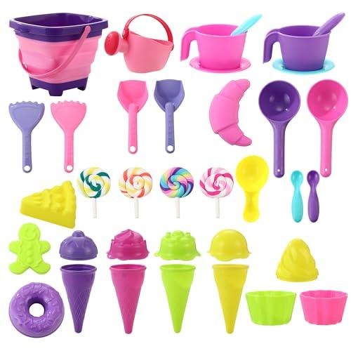 HAOYULUO 34 Piezas Heladeria Juguetes Playa, Juguetes Playa Niños con Cubo Plegable, Molde de Arena, Pala y Bolsa de Malla, Adecuados para Regalos de Juguetes al Aire Libre para Niños y Niñas