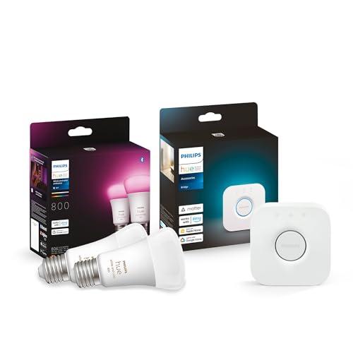 36% DESCUENTO Philips Hue bombilla LED Inteligente White y color ambiance E27 2 Pack 800lm incluso Hue Bridge, Blanco