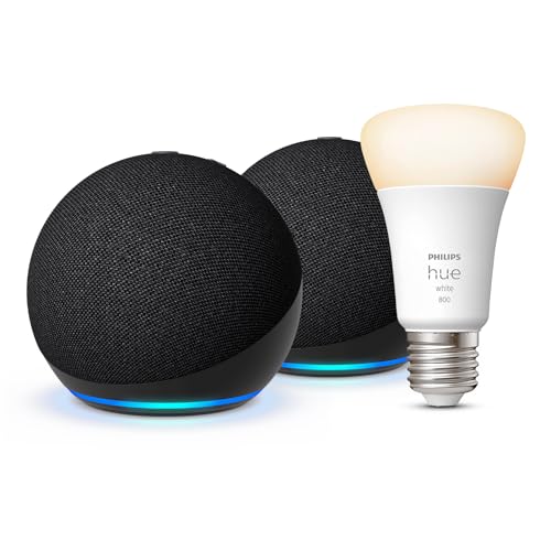 61% DESCUENTO Echo Dot (5.ª generación) | Antracita, pack de 2 + Philips Hue Smart Bulb (E27), compatible con Alexa Kit de inicio de Hogar digital