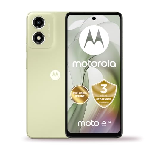 37% DESCUENTO Motorola Moto e14, 2/64GB, Pantalla HD+ 6,56″ y 90 Hz, Sonido Dolby Atmos, cámara con IA, Android 14, batería de 5000 mAh con TurboPower 15, procesador Octa Core, Dual SIM, Verde