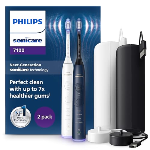 43% DESCUENTO Philips Sonicare 7100 cepillo dental eléctrico, cepillo dental sónico con 4 modos de cepillado y 3 niveles de intensidad, alerta de presión, EasyStart, blanco y azul marino, paquete de 2, HX7429/01