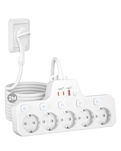 Regleta Enchufe Plano,PD20W Regleta 5 Enchufes con USB C,Ladron Enchufes con Interruptor,Enchufe Multiple Pared Extraplano,5 Tomas Proteccion Sobretension Alargador 2M Cable para Hogar Oficina,Blanco