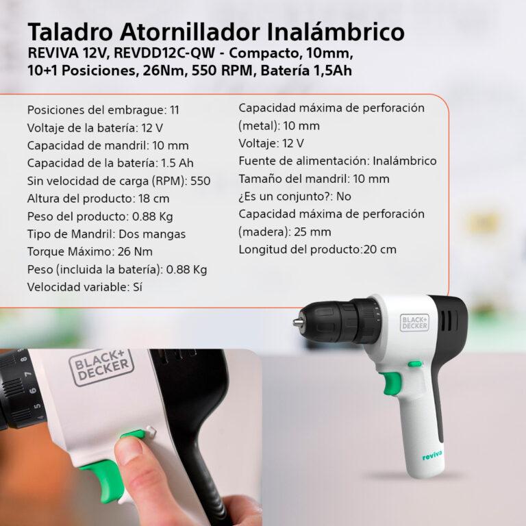 Black & Decker Taladro Atornillador Inalámbrico REVIVA 12V, REVDD12C-QW – Compacto, 10mm, 10+1 Posiciones, 26Nm, 550 RPM, Batería 1,5Ah | ¡Ahorra Espacio y Ten tus Herramientas Siempre a Mano! | Miravia
