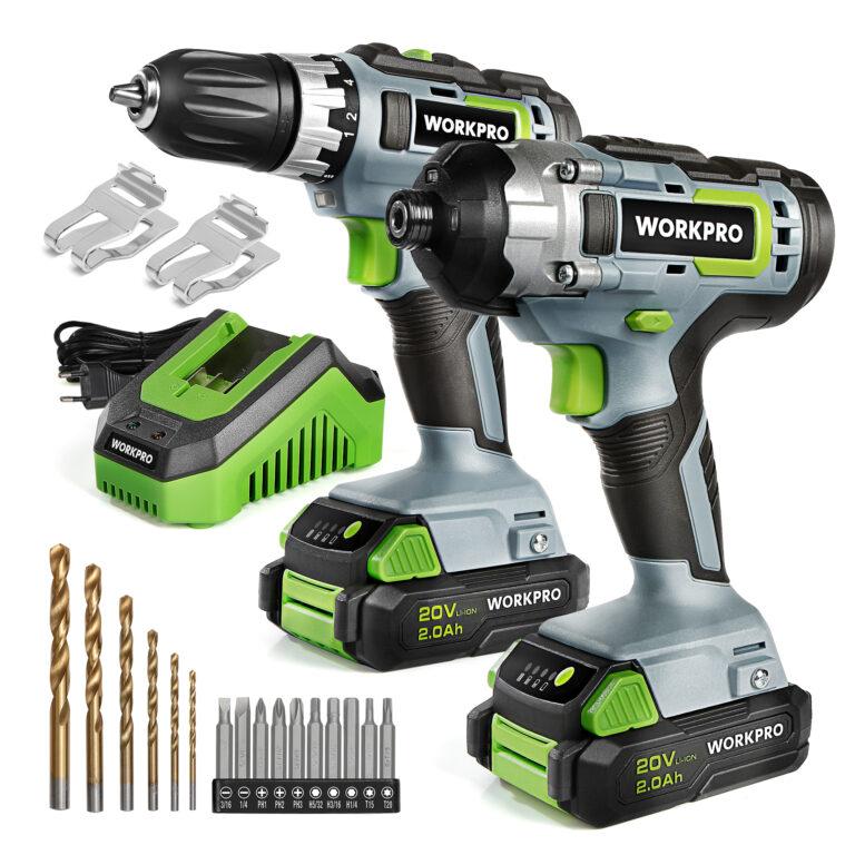 Taladro inalámbrico compacto WORKPRO 21PC 20V Li-ion Incluye 2 baterías de carga rápida Herramienta eléctrica para bricolaje en el hogar Fabricado en China | Miravia