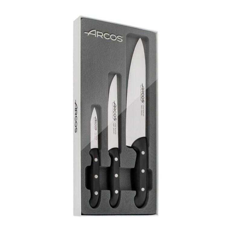 Arcos Serie Maitre – Set de Cuchillos de Cocina 3 piezas (Mondador + Cocina + Chef) – Hoja de Acero Inoxidable NITRUM – Mango de Polipropileno Color Negro | Miravia