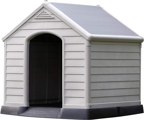 25% DESCUENTO Curver – Caseta de Perro exterior de resina, para perros grandes y medianos, suelo elevado, sistema de ventilación, 95 x 99 x 99 cm, Color gris